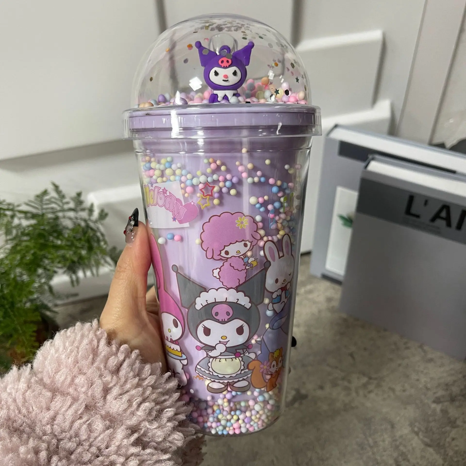 Creative Cartoon Kulomi Straw Water Cup with Lid Sanrio Water Cup for Kids Double Layers Cold Drinking Glitter Ice Bottle
