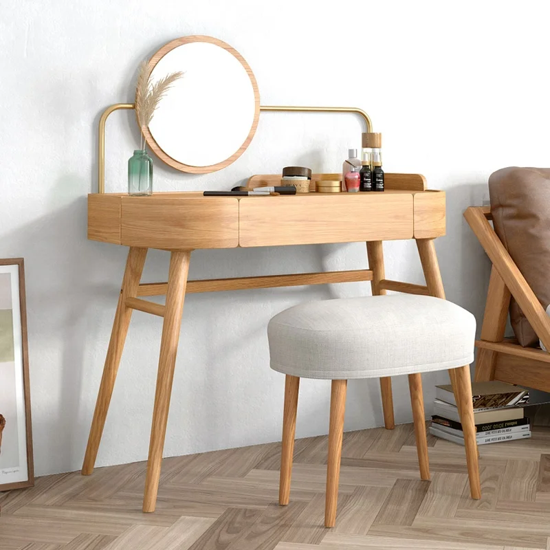 Bedroom Furniture Ash Solid Wood Minimalist Storage Modern Mirrored Wooden Makeup Vanity