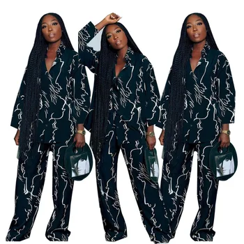 2022 New Print Long Sleeve Blouses And Pants 2 Piece Set For Women