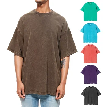 Box Fit Short Sleeves Boys Acid Washed T-shirt Cotton Oversize Heavy Weight T Shirt for Men O Neck Drop Shoulder Men's T-Shirt