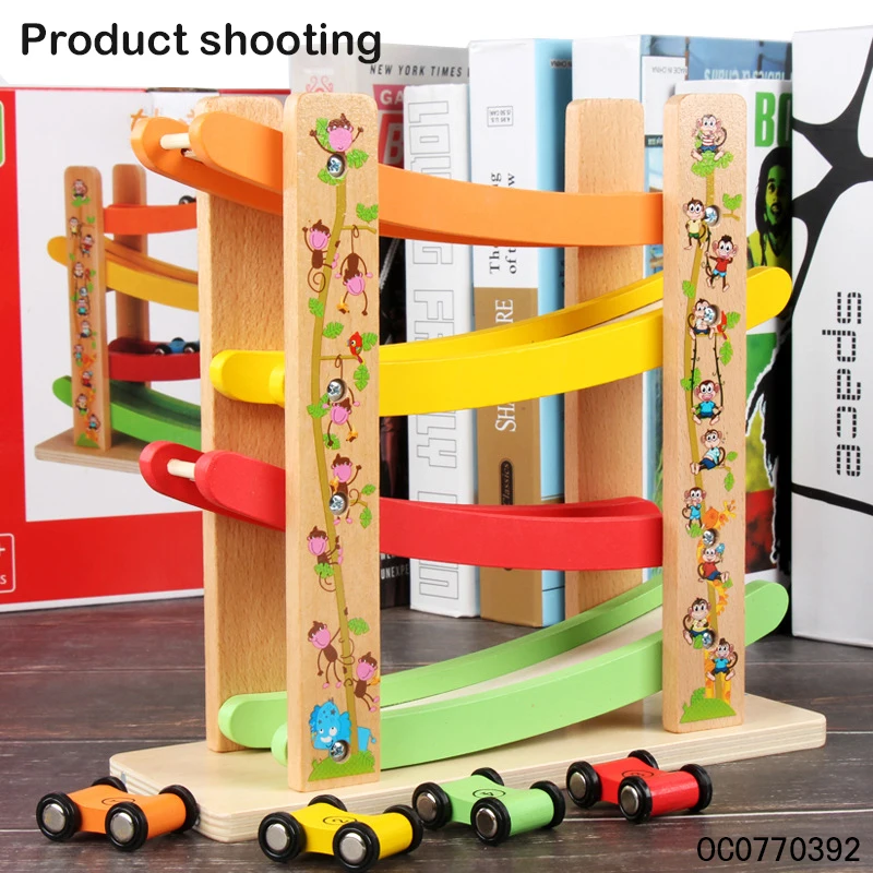 Wholesale wooden toys slot car track slide for babies toys and games