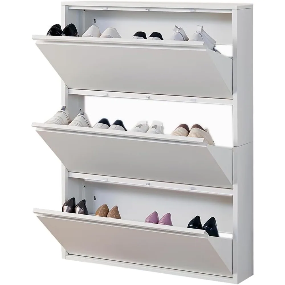 White MDF Shoe Storage Cabinet with 3 Flip Drawers Slim Narrow Hidden Metal Rack for Entryway Home Furniture details