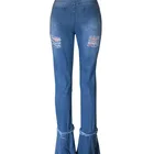 Pants Cut Jeans Wholesale Stacked Pants Distressed Ripped Flare Cut Up Bell Blue Jeans For Women