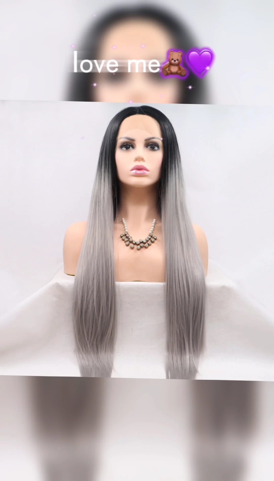 silvery gray dark roots color long straight hair