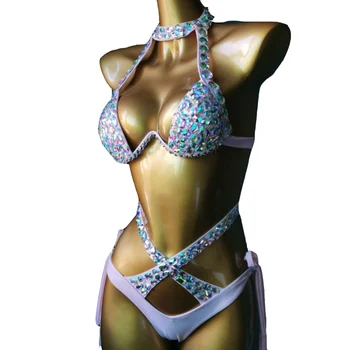 Designer Luxury Bikini Swimwear Girls Rhinestone Shiny Dance Wear