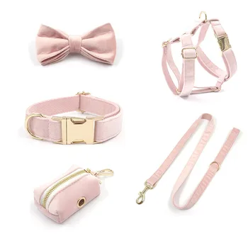 RTS 2021 dog velvet collar leash harness set with bow add name S M L XL size luxury collar set pet leash poop bag harness collar