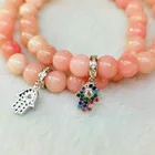 Wholesale Natural Smooth Charm Gemstone Pink Opal 8MM Hamsa Hand Zircon Bracelet For Woman Gift