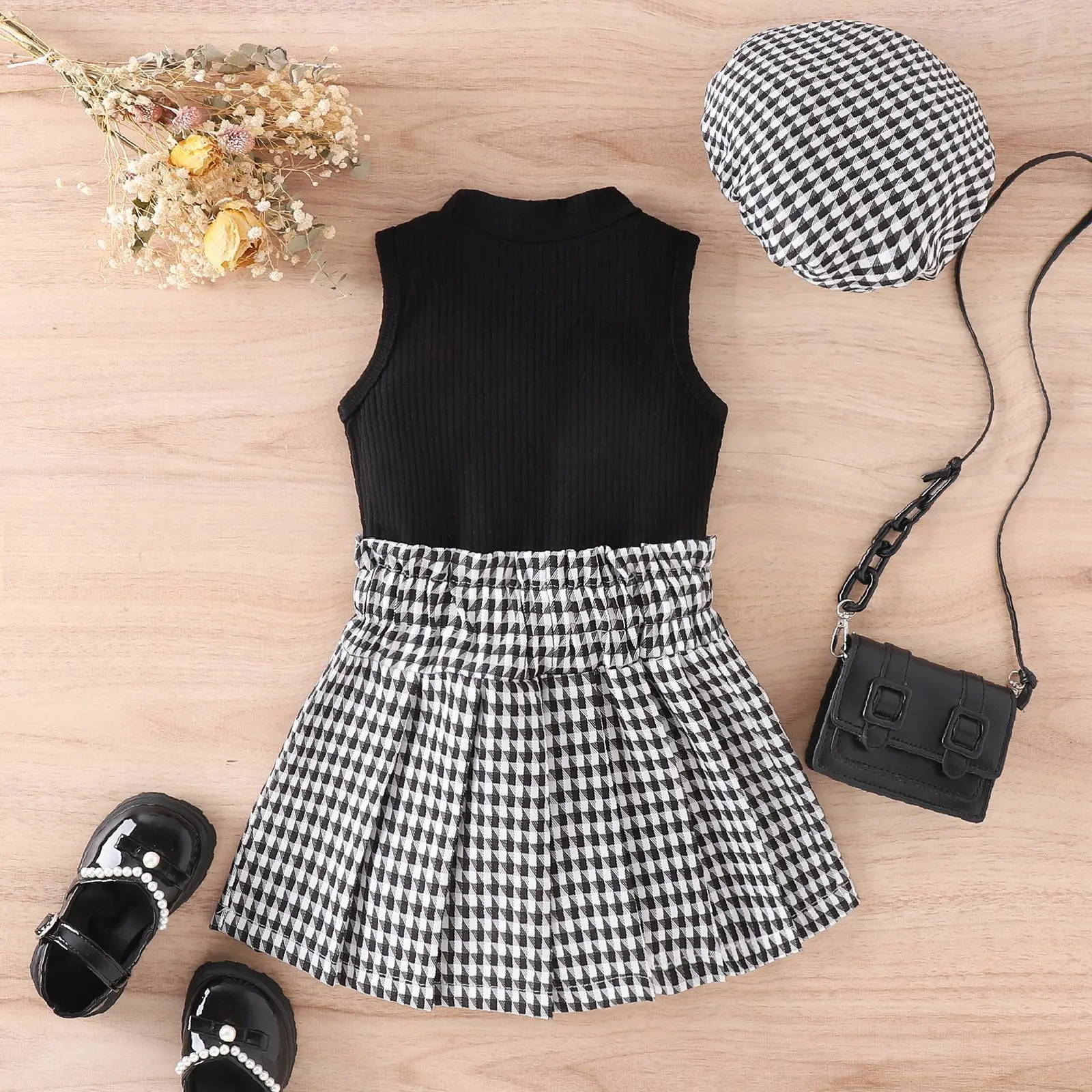 Spring Summer Children's clothing Cotton Pit Stripe Sleeveless Top Pearl Button Checkered Short Skirt Hat Girls Clothing Sets