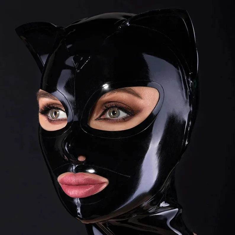 Cosplay Party Gummi Hood Cat Ears Latex Mask With Mouth With Zipper