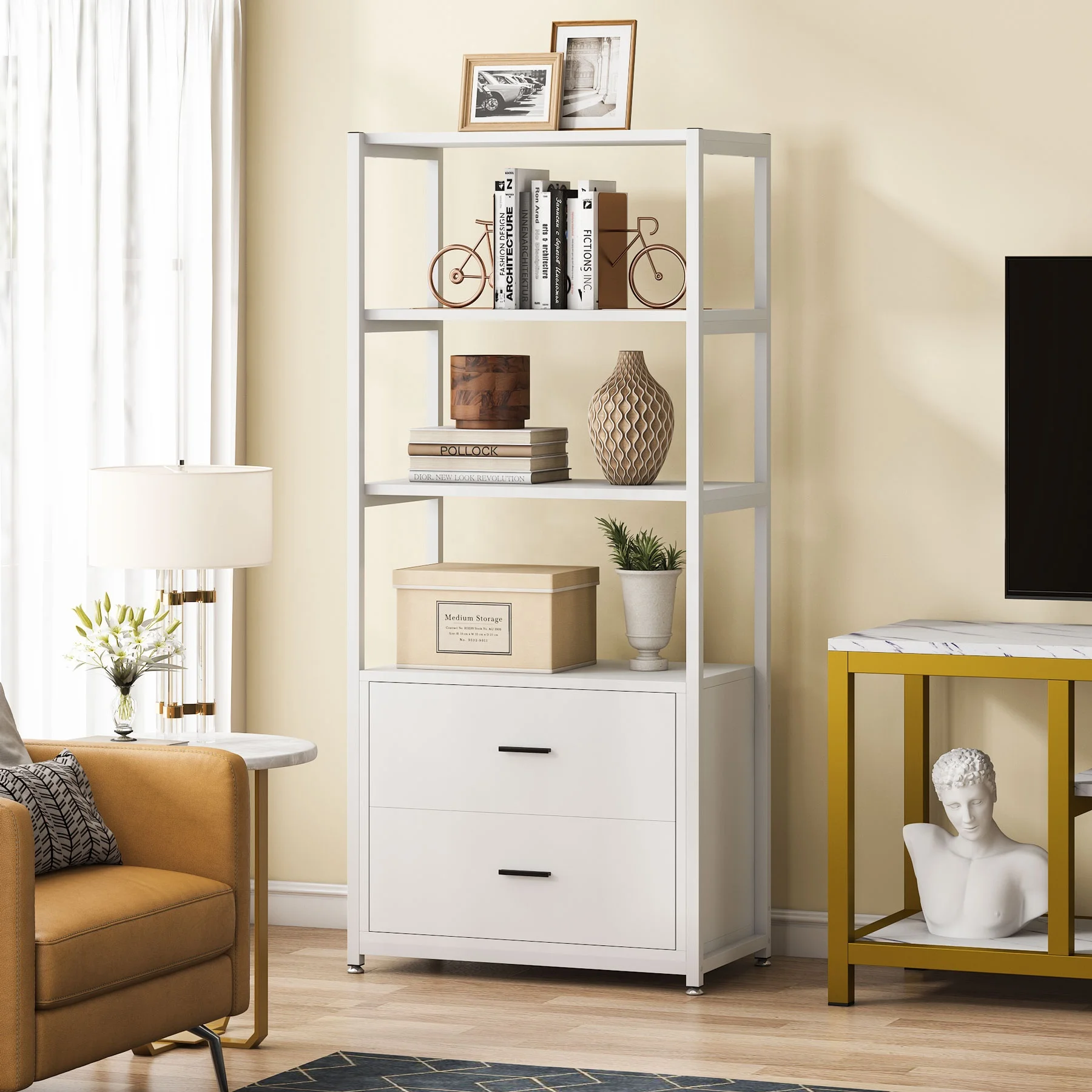 Tribesigns 4-Tier White Bookshelf with 2 Drawers Etagere Standard Book Display Shelves for Home Office