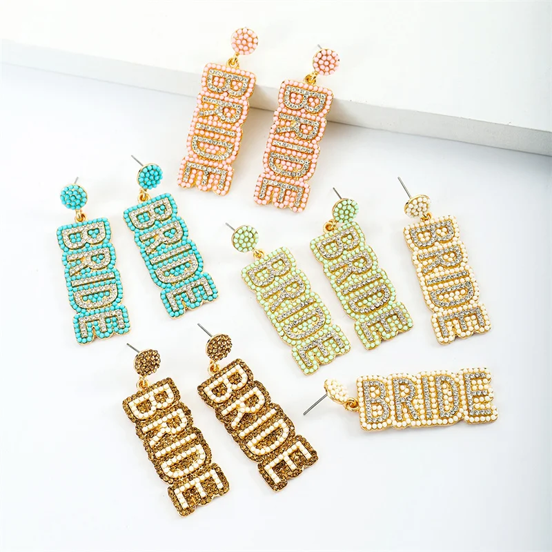 New English letter alloy inlaid with colorful rice beads diamond long earrings bridal wedding super flash earrings