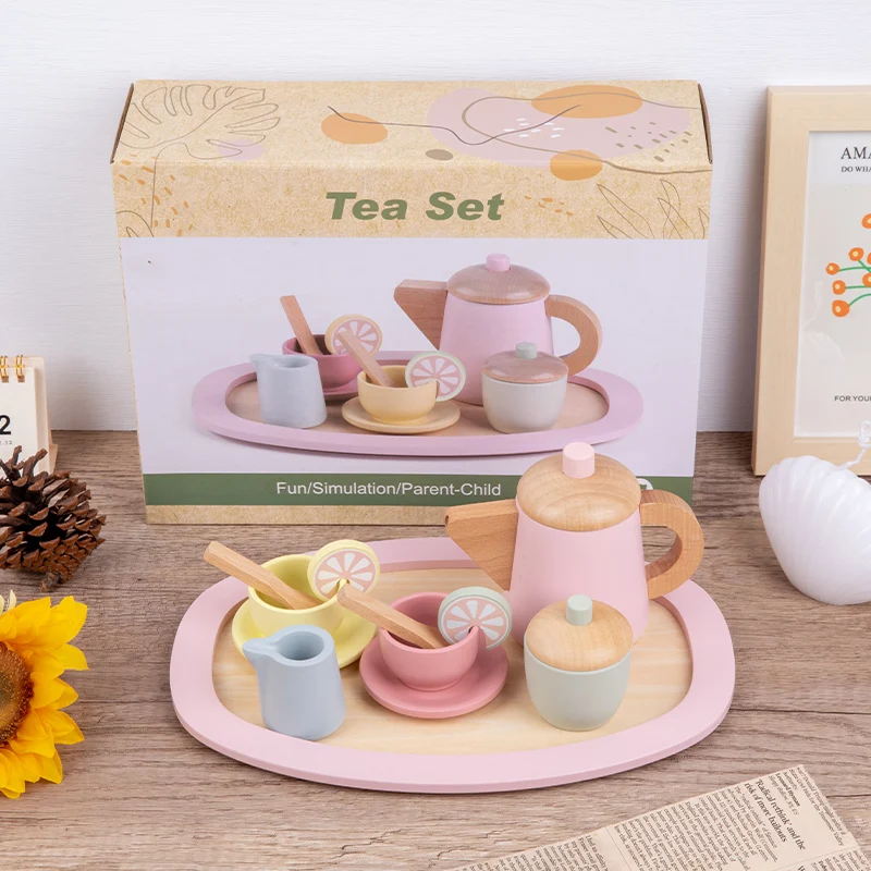 Wooden Tea Set Toys For Kid Kitchen Pretend Play Children Role