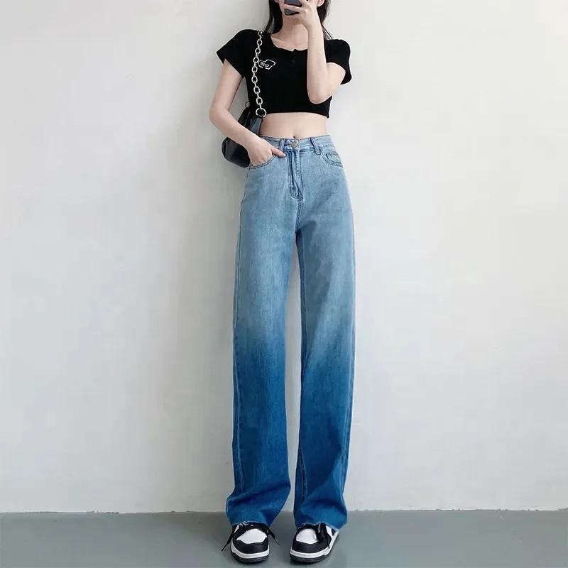 Women's High Waist Slant Pocket Denim Jeans Ripped Straight Leg Pants