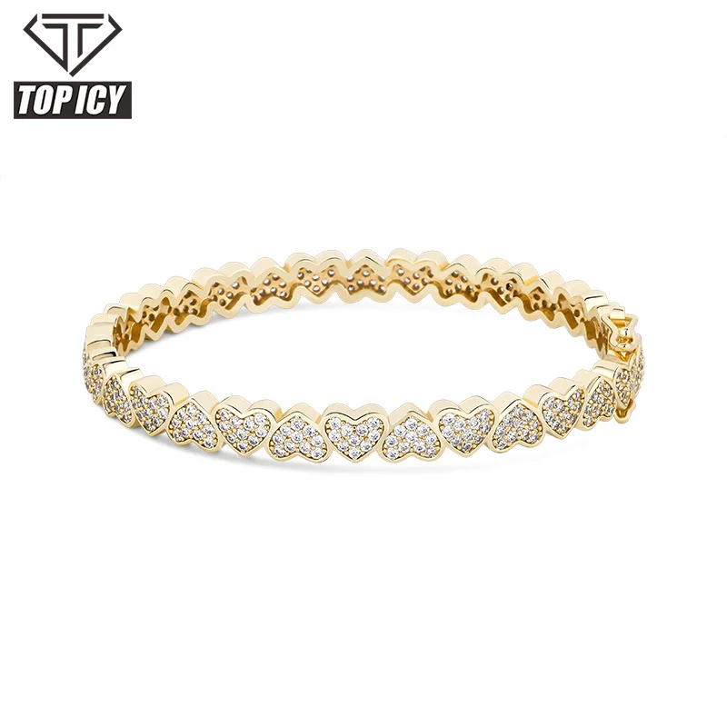 TOP ICY Hip Hop Hot Sale Bangle Luxury 7mm Heart Cuban Link Chain Gold Plated Jewelry Crystal Bracelet