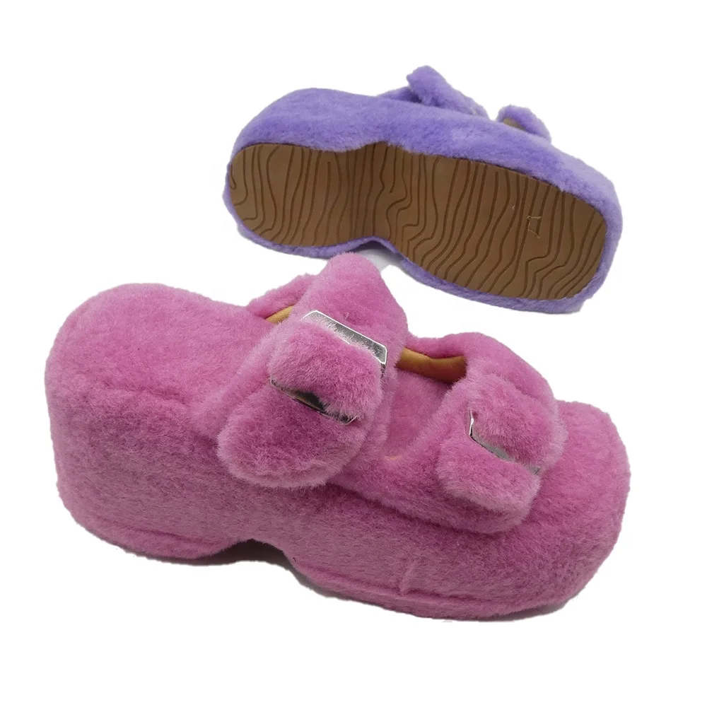 Fashionable Double Buckle  High Heels TPR sole Winter Fluffy Fuzzy Indoor Plush Faux Fur home Slippers for Women Lady