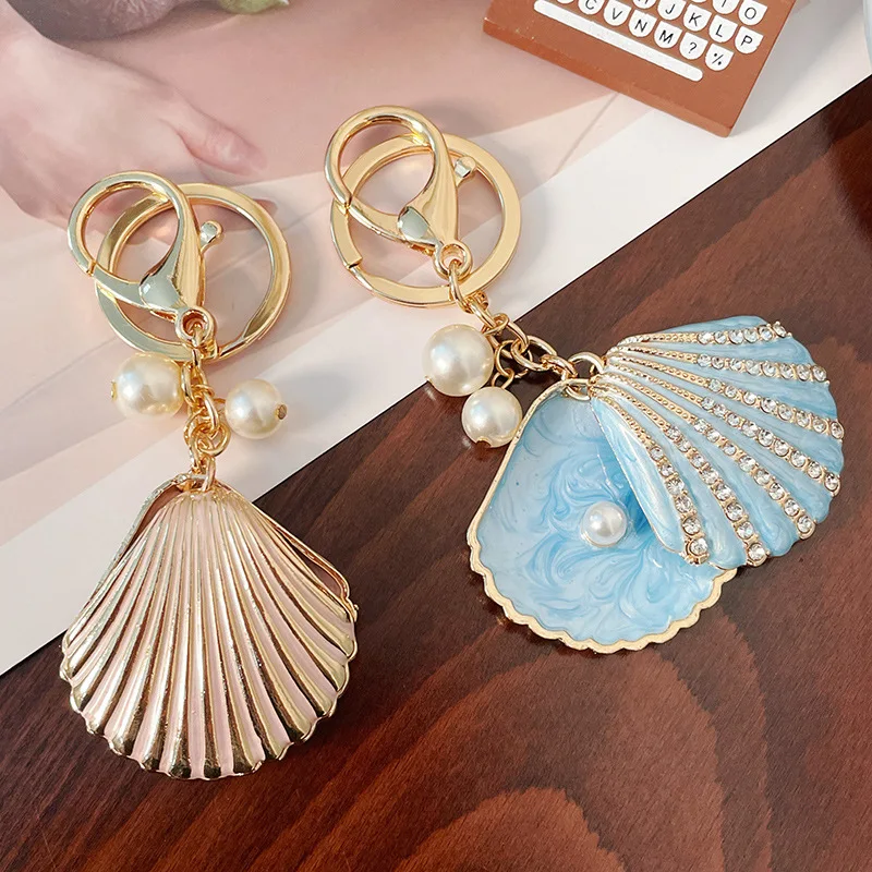 Shell Pearls Small Car Keyring Fashion Jewelry Women Bag Rings Key Crystal Rhinestone Charm Pendant Key Chain Gift