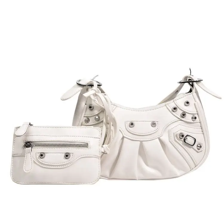 New Arrivals Rivet Underarm Bag Luxury Leather Sling Bag 2 PCS\/SET Women Purse And Handbags Pleated Crossbody Shoulder Bags