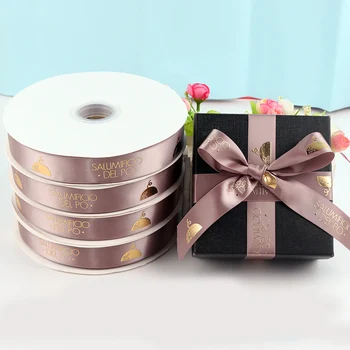 Custom Size 1inch 2.5cm Gold Foil Logo Brand Artwork Pink Satin Grosgrain Ribbon for Packaging Decoration