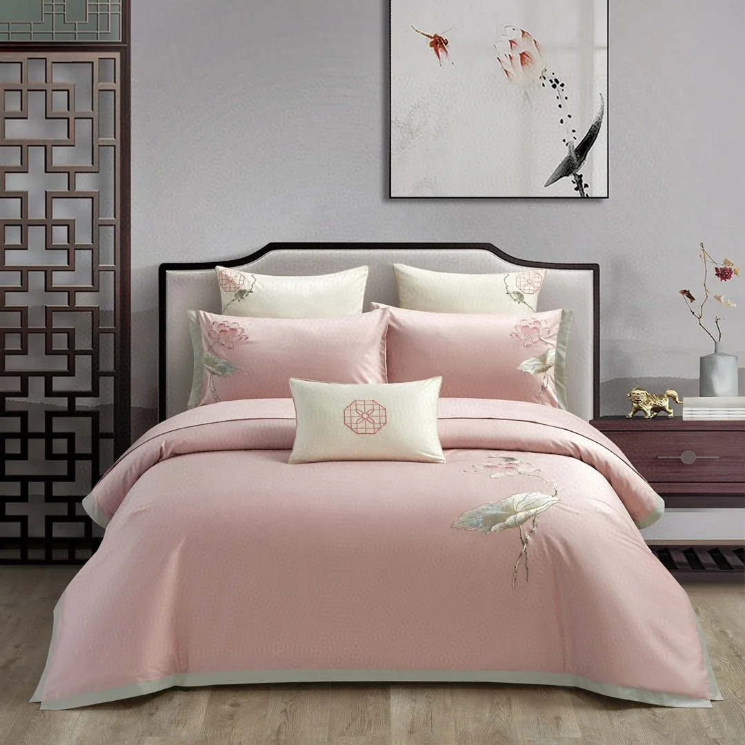 0円 【現金特価】 Reversible 4 Pieces Set Contemporary Jacquard Satin Silk Embroidered Hotel Quality Duvet Quilt Cover Bedding Sets with Pillow Cases Color : Pink Size King Purple