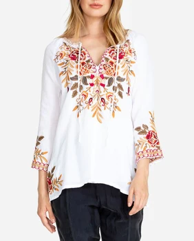 OEM Ladies V-neck Blouse Unique Floral Embroidered Floral Top Rayon Embroidery women blouses