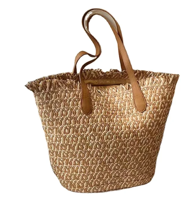 New woven one color woven bag fashion one shoulder paper rope peach pendant leisure beach women bag