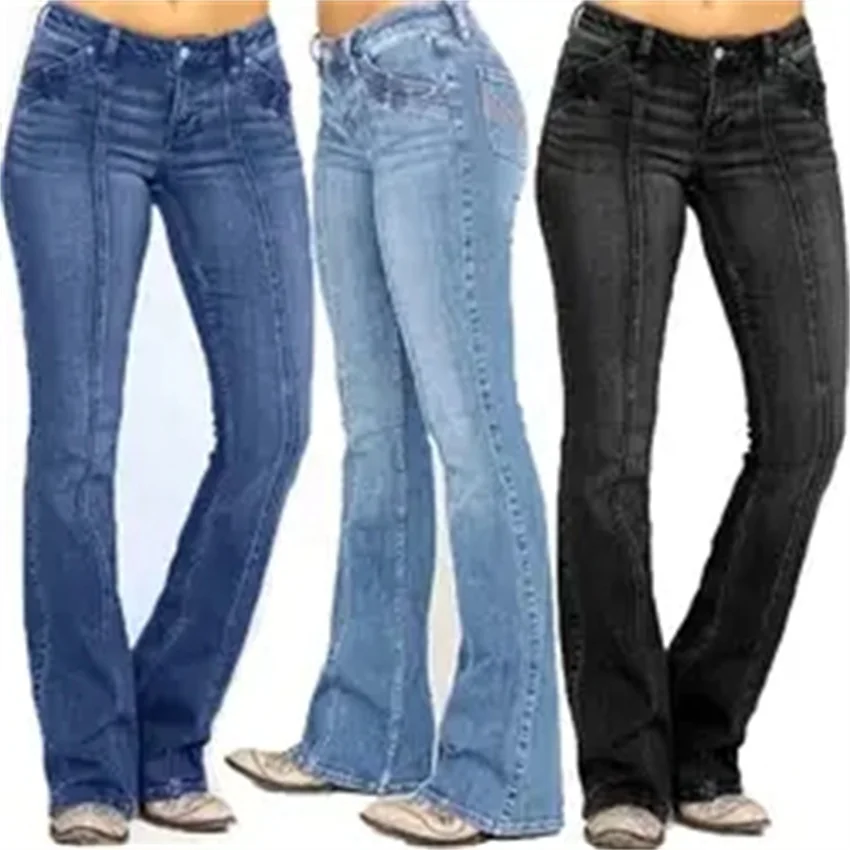 Wholesale New Fashion Plus size jeans Button Denim Casual Pants high waist Flared trousers women's jeans