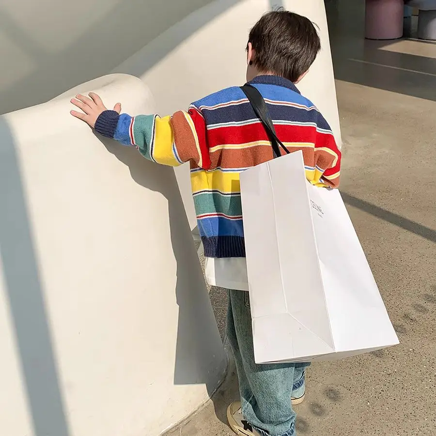 Boys' knitted cardigan sweater jacket 2023 spring and autumn new clothes rainbow striped sweater children's top trend wear