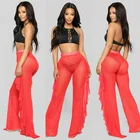 Beach Summer Women's Solid Color Ruffle Swimsuit Sexy Mesh Perspective Beach Pants