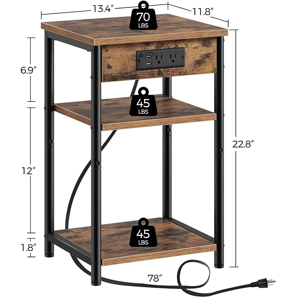 Modern Wood End Table with Charging Station Nightstand with 2 Storage Shelves Narrow Side Table with USB Ports and Power Outlets factory