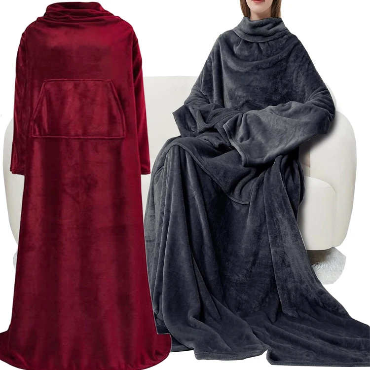 fleece TV blanket with sleeves and pocket custom thick home TV blanket with sleeves wearable throw blanket
