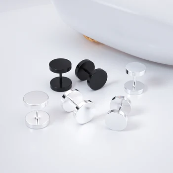 Silver Black Flat Round Barbell Circular Minimal Earrings Minimalist Jewelry Small Stud Earring