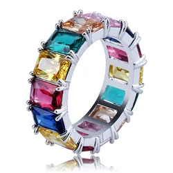 Baguette Colorful CZ Zircon Stone Rainbow Gold Silver Rings for Women Fashion Wedding Engagement Jewelry multi color women ring