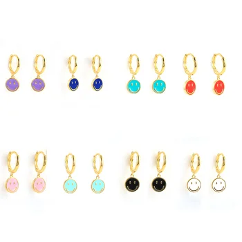 High quality 18k gold 925 sterling silver colorful enamel smile face coin dangle hoop earring