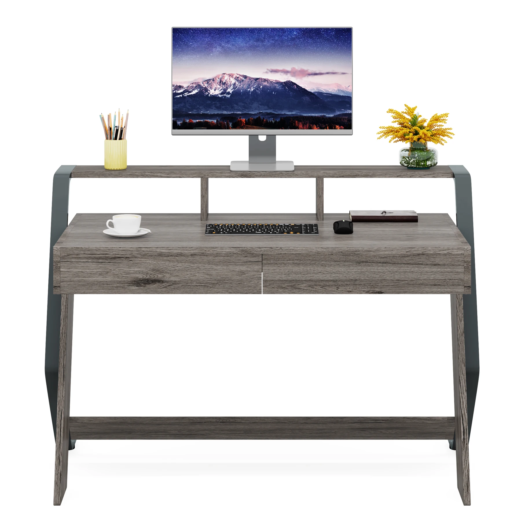 Tribesigns Computer Table Desk with 2 Storage Drawer 47 Inch Writing Desk With Monitor Stand Riser For Home Office