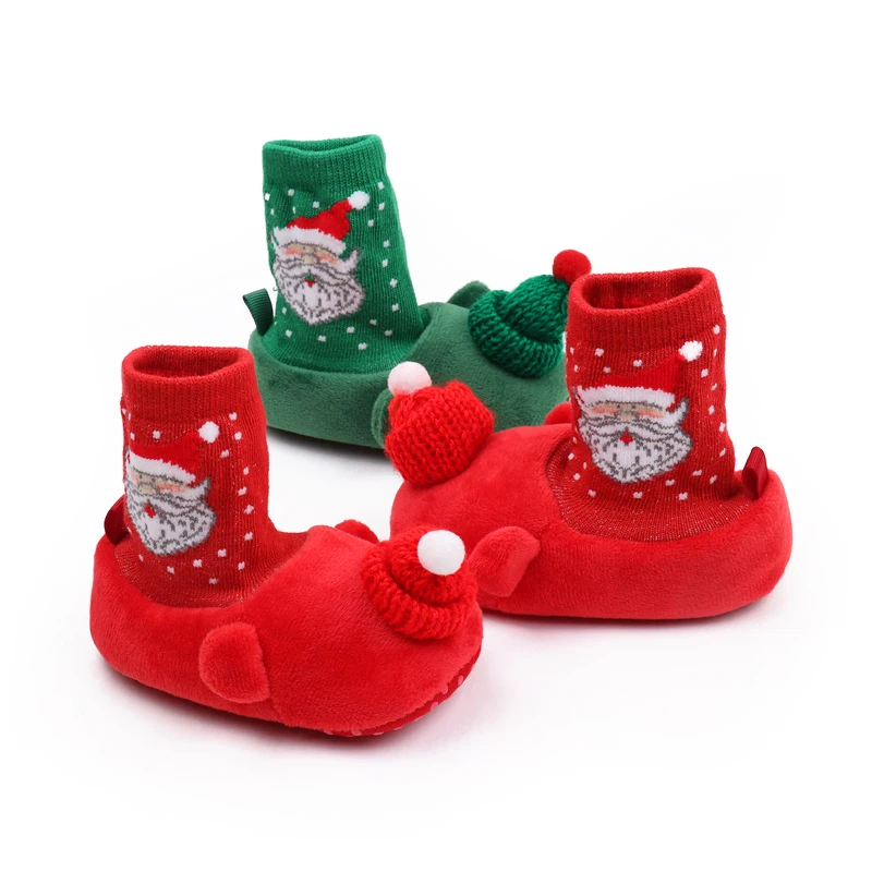 Christmas Solid Color Warm Cartoon Santa Snowflake and Fuzzy Woolly Hat Baby Warm Soft Soled Socks Shoes details