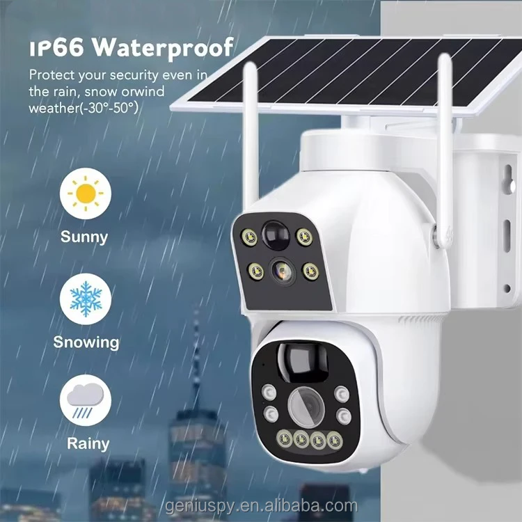 Camhipro Low Power Dual-lens 4MP Wi-Fi/ 4G Wireless Dome PTZ Pan Tilt Solar Battery Camera With Dual PIR Motion Detection Alarm