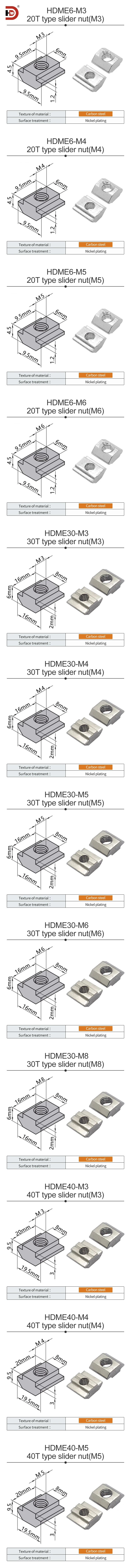 Aluminum Profiles T-Shaped Nut Slider for Square 20 30 40 45 Type M3-M4-M5-M6-M8 Nut Types Carbon Steel/stainless Steel Material manufacture