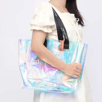 Large Holographic PVC Shoulder Tote Bag Waterproof Travel Beach Fashion Printing Hand Bag Plastic Pvc Shopping Tote