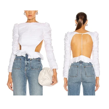 Design Elegant White O Neck Hollow Out Back With Jewel women's blouses & shirts