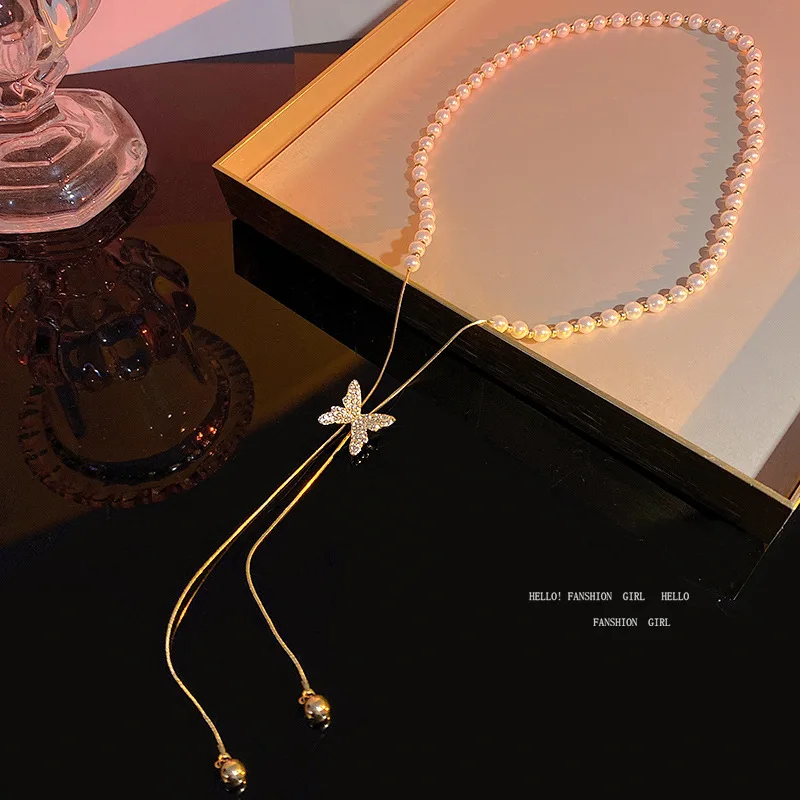 long tassel Butterfly necklace women 2022 year new trend light luxury wild pearl necklace Internet celebrity clavicle chain