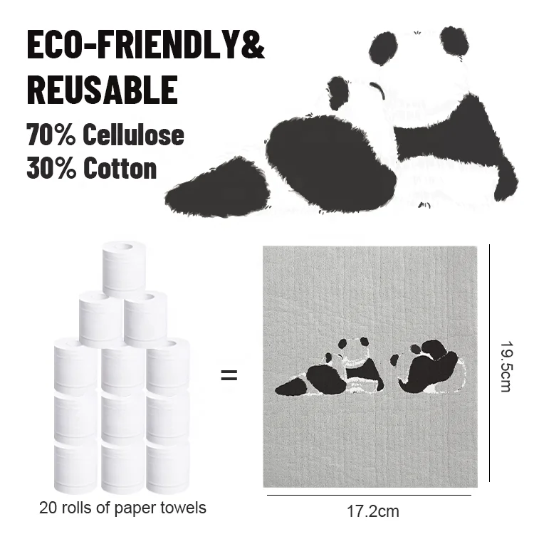 Gloway Custom Printing Degradable Natural Gray Kitchen Dishcloth Towels Panda Swedish Cellulose Sponge Dish Cloth