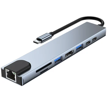 Oem Multifunctional Type C 8 in 1 Hub 8 Ports USB3.0 Aluminum USB C to Ethernet 4K Display Dock Adapter for Apple Mac mini Hub