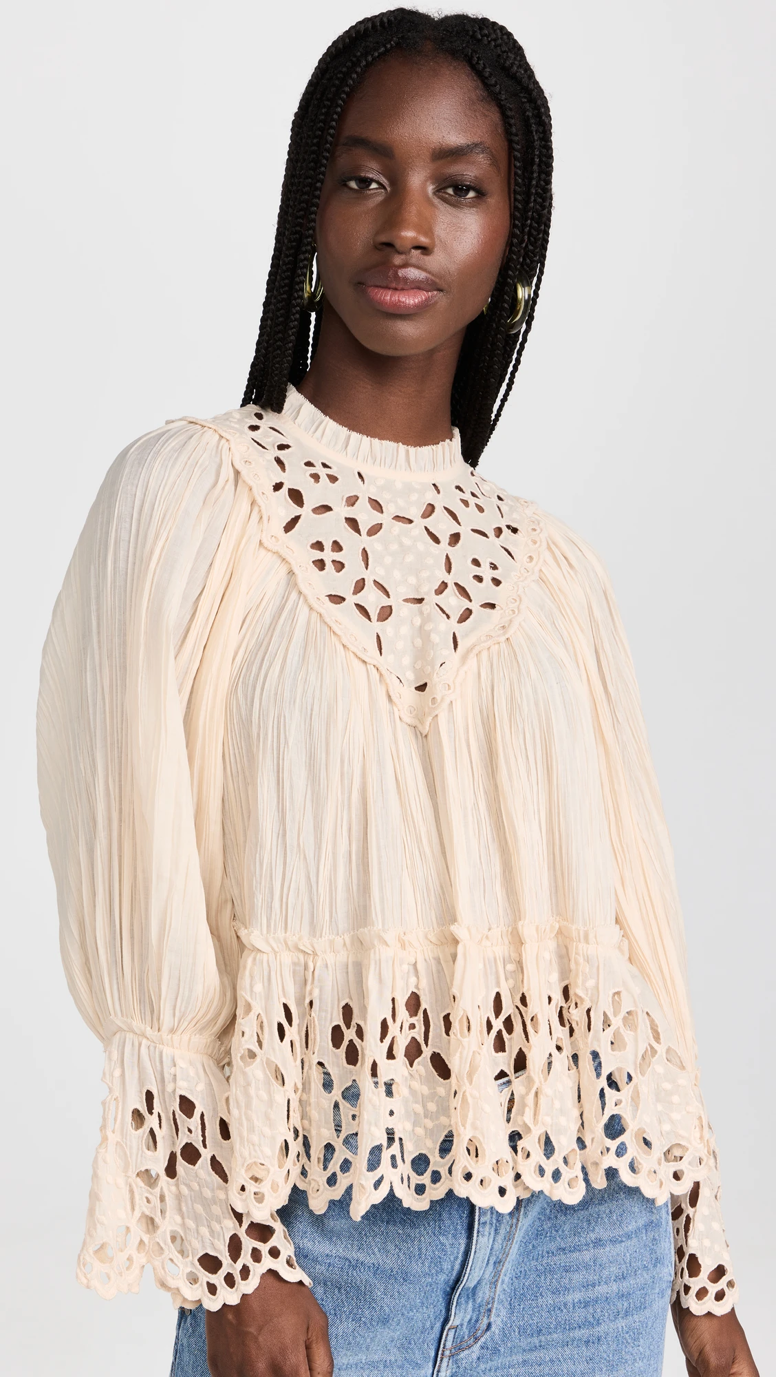 Textured stitching lace cut lace pleated shirt top