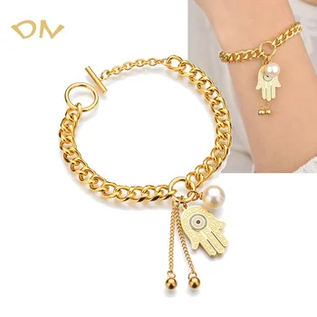 Dina Simple 14k Gold Plated Jewelry Evil Eyes Bracelet Jewelry Fatima Hamsa Hand Stainless Steel Bracelet Charms