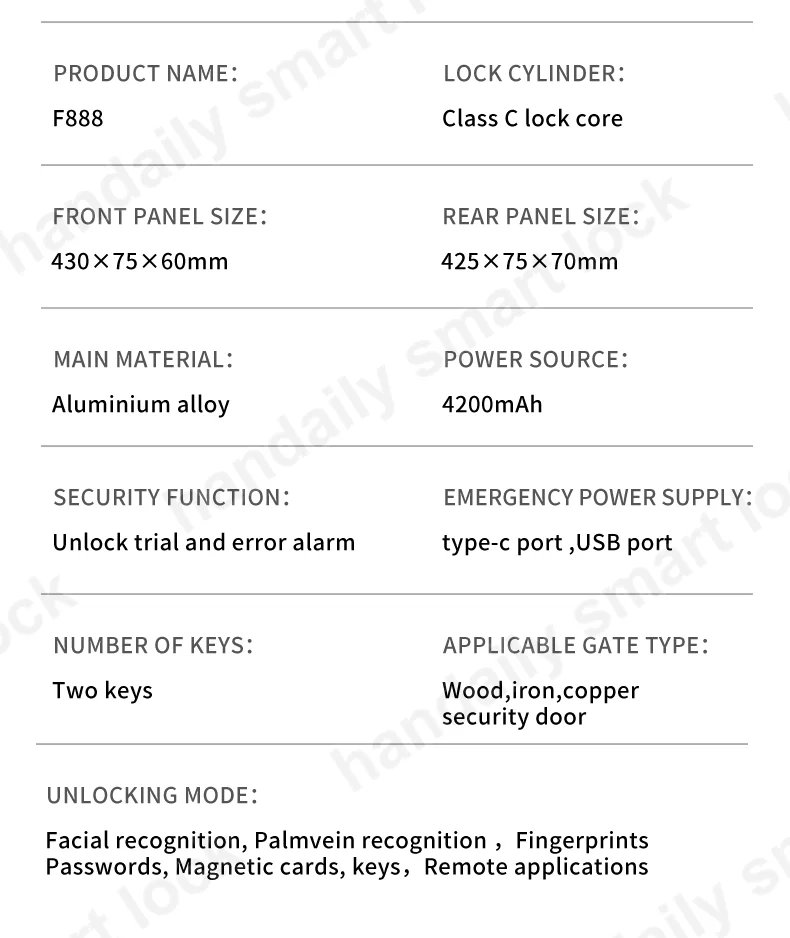 handaily wholesale automatic fingerprint tuya 3d face smart door lock for front door digital palm vein home security door lock f888-11