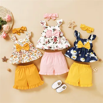 Girls Summer Clothing Floral Sling Top with Bows+Lace Shorts+Waistband 3Pcs Wholesale Kids Clothes Little Girl Clothes Boutique