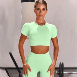 Custom Two Pieces Short Workout Apparel Woman Yoga Crop Tops Short Sleeved Sport Bra Seamless Activewear Fitness Sets For Women
