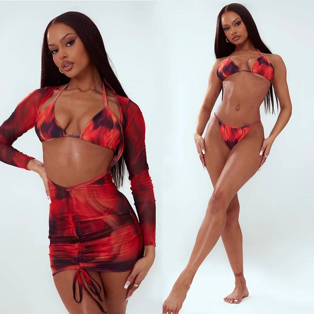 2023 Sexy red Print Swimsuit 3 piece Mesh Bikini Set Triangle Micro Bikini String Halter Swimwear Women Low Waist Bathing Suit
