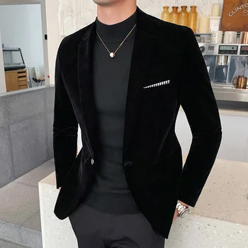 Wholesale custom logo business style softer velvet slim fit jackets mens blazers homme casual man suits