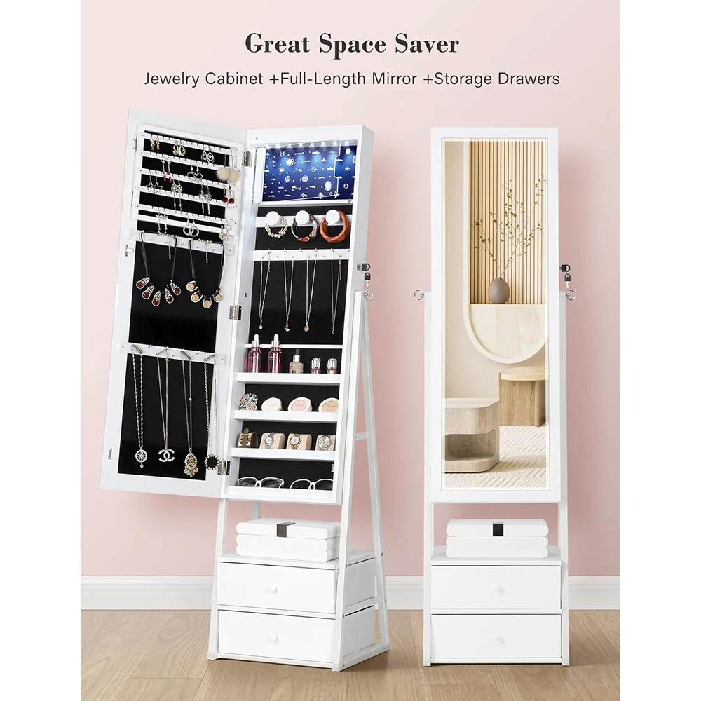 2 Drawers Lockable White Jewelry Armoire with Full-Length Mirror Wood Jewelry Storage Cabinet for Living Room manufacture